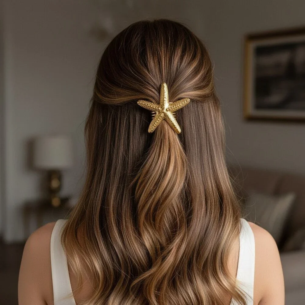 18K Gold Plated Stainless Steel Textured Starfish Coastal Hair Comb Waterproof